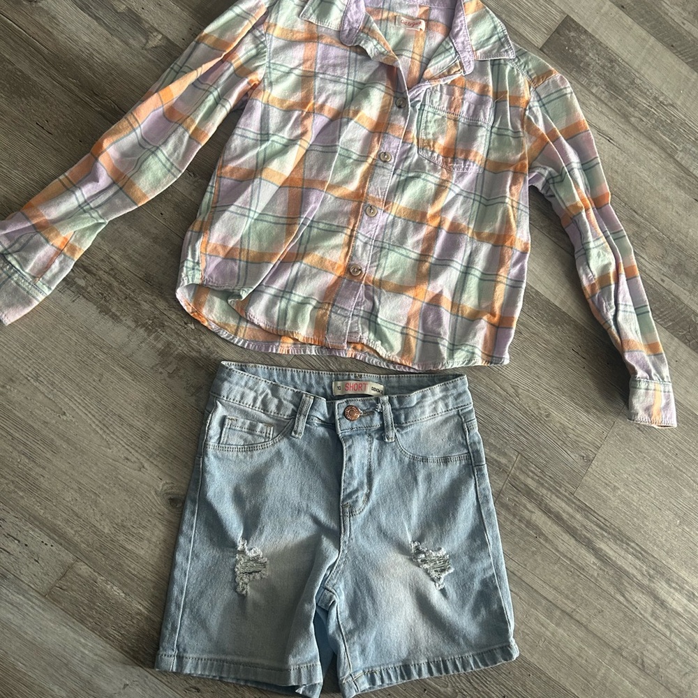 Plaid Button-Up Shirt and Denim Shorts Set